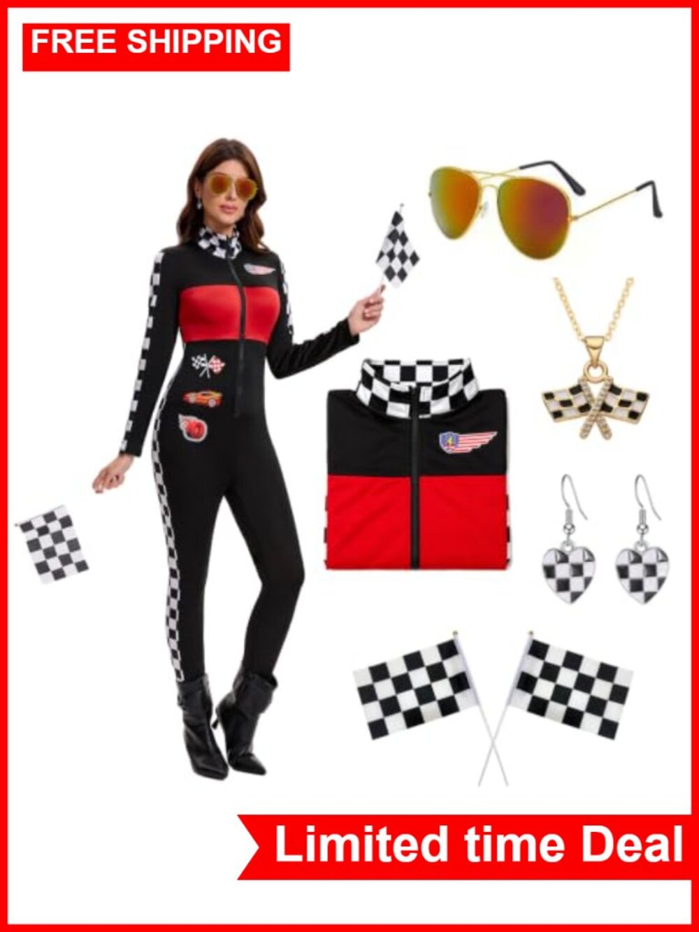 Women's Race Car Driver Costume 7-Piece Set Jumpsuit Cosplay Halloween